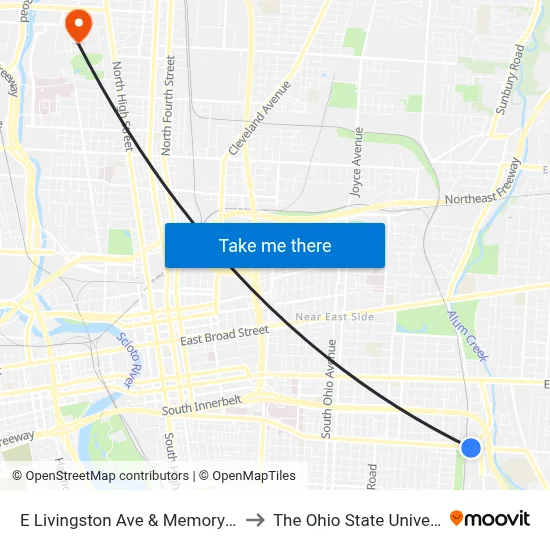 E Livingston Ave & Memory Ln N to The Ohio State University map