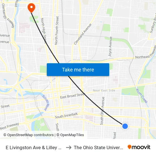 E Livingston Ave & Lilley Ave to The Ohio State University map