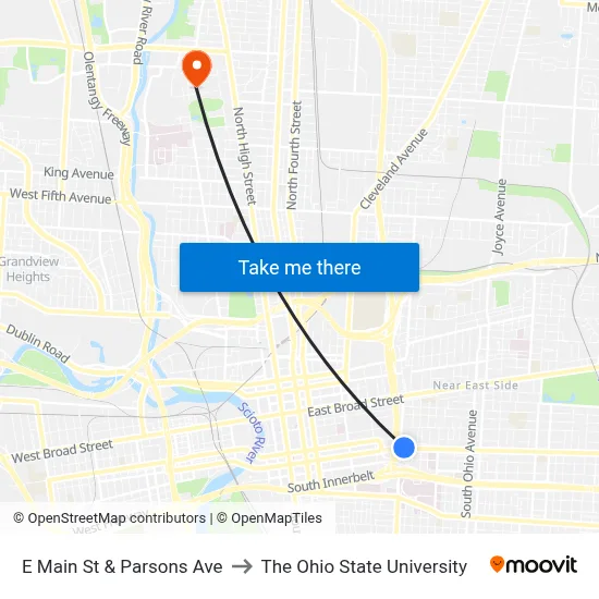 E Main St & Parsons Ave to The Ohio State University map