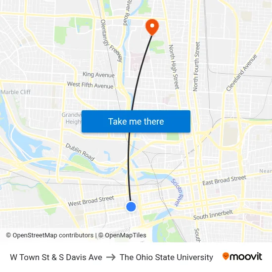 W Town St & S Davis Ave to The Ohio State University map