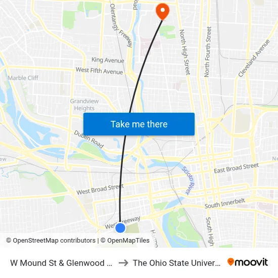W Mound St & Glenwood Ave to The Ohio State University map