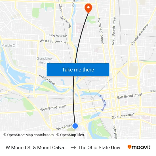W Mound St & Mount Calvary Ave to The Ohio State University map