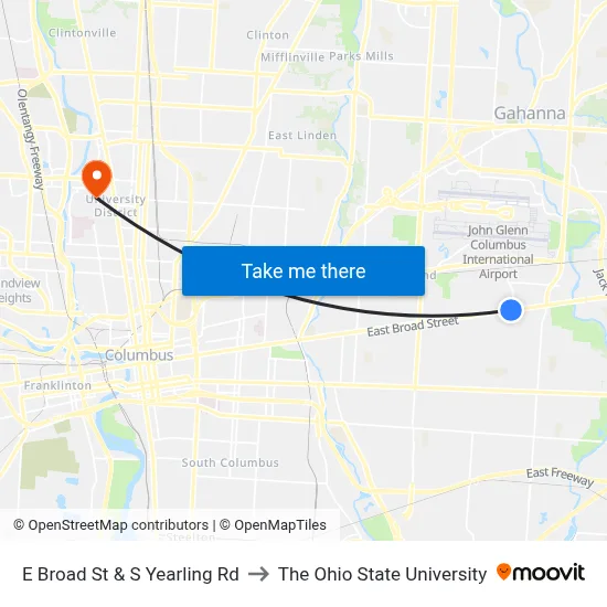 E Broad St & S Yearling Rd to The Ohio State University map