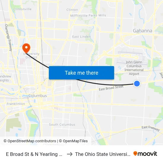 E Broad St & N Yearling Rd to The Ohio State University map