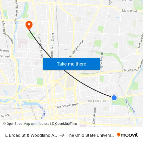 E Broad St & Woodland Ave to The Ohio State University map