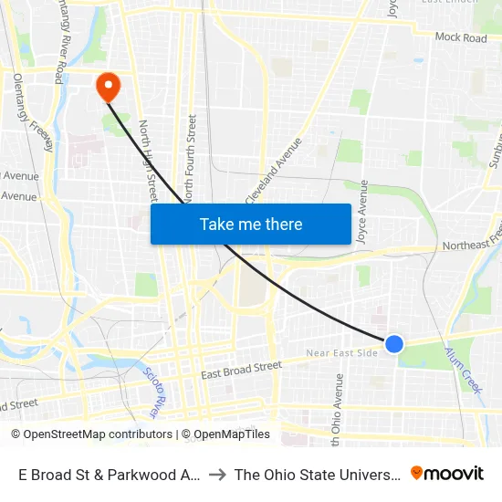 E Broad St & Parkwood Ave to The Ohio State University map