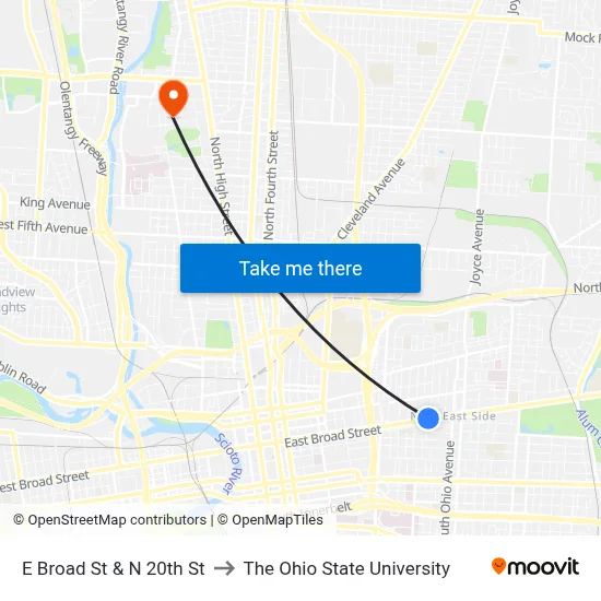 E Broad St & N 20th St to The Ohio State University map