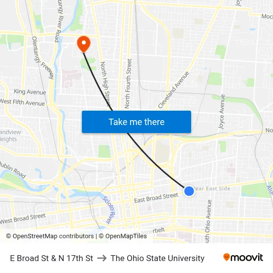 E Broad St & N 17th St to The Ohio State University map