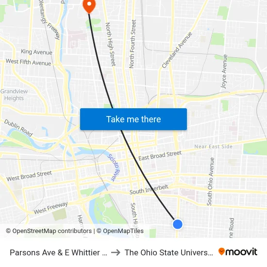 Parsons Ave & E Whittier St to The Ohio State University map