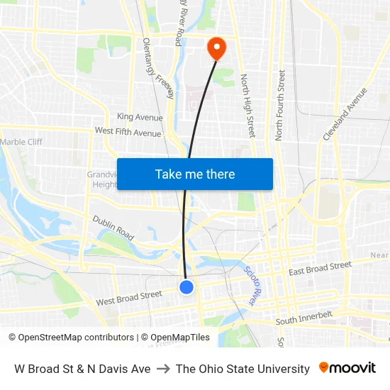 W Broad St & N Davis Ave to The Ohio State University map