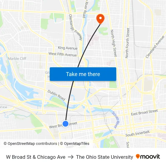 W Broad St & Chicago Ave to The Ohio State University map