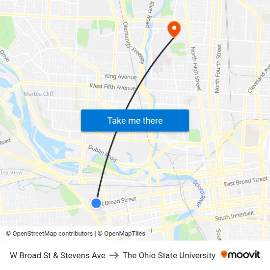 W Broad St & Stevens Ave to The Ohio State University map