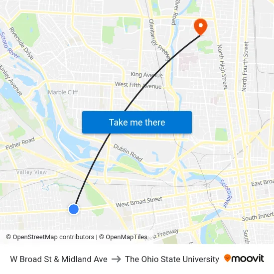 W Broad St & Midland Ave to The Ohio State University map