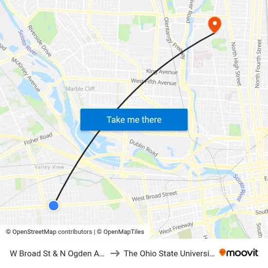 W Broad St & N Ogden Ave to The Ohio State University map