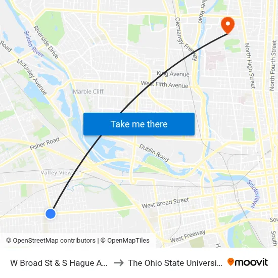 W Broad St & S Hague Ave to The Ohio State University map
