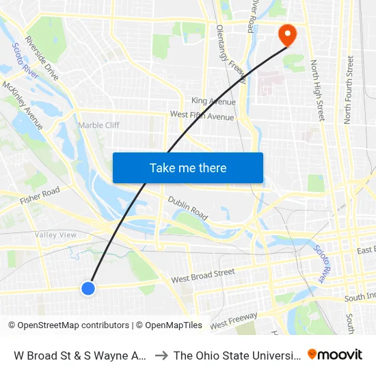 W Broad St & S Wayne Ave to The Ohio State University map