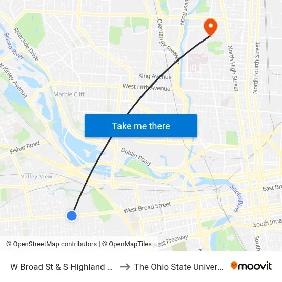 W Broad St & S Highland Ave to The Ohio State University map