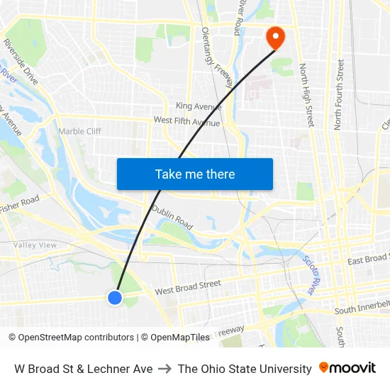 W Broad St & Lechner Ave to The Ohio State University map