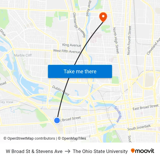 W Broad St & Stevens Ave to The Ohio State University map
