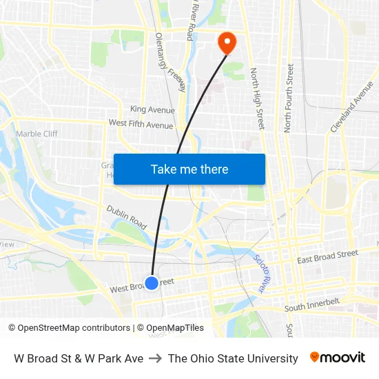 W Broad St & W Park Ave to The Ohio State University map