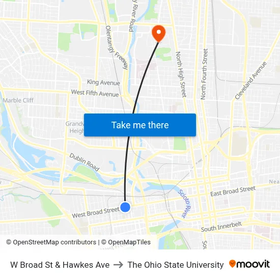 W Broad St & Hawkes Ave to The Ohio State University map