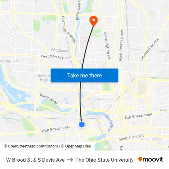 W Broad St & S Davis Ave to The Ohio State University map