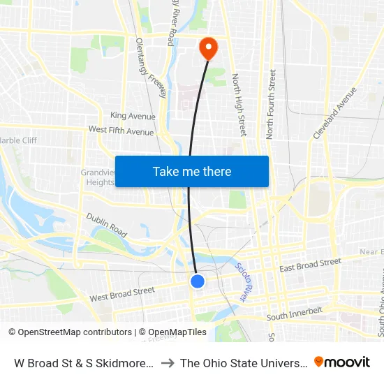 W Broad St & S Skidmore St to The Ohio State University map
