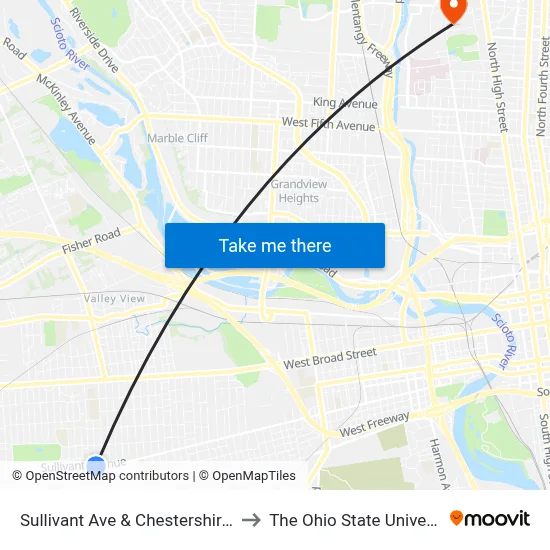 Sullivant Ave & Chestershire Rd to The Ohio State University map