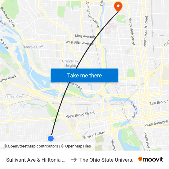 Sullivant Ave & Hilltonia Ave to The Ohio State University map