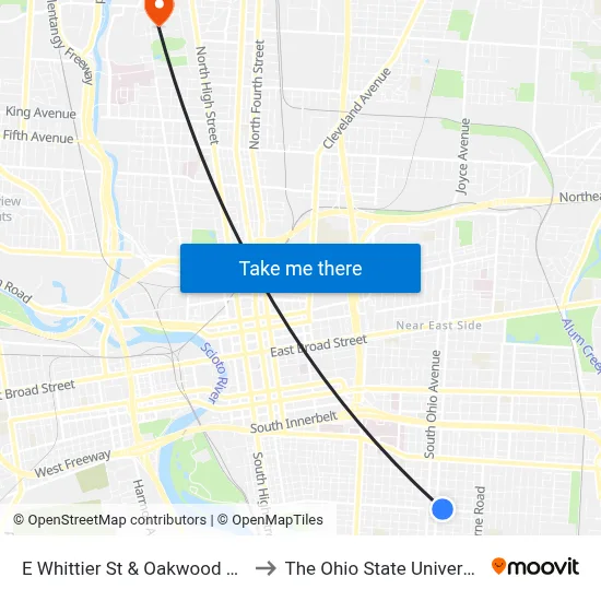 E Whittier St & Oakwood Ave to The Ohio State University map