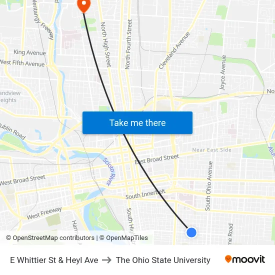 E Whittier St & Heyl Ave to The Ohio State University map