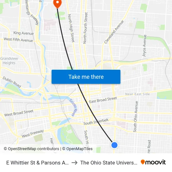 E Whittier St & Parsons Ave to The Ohio State University map