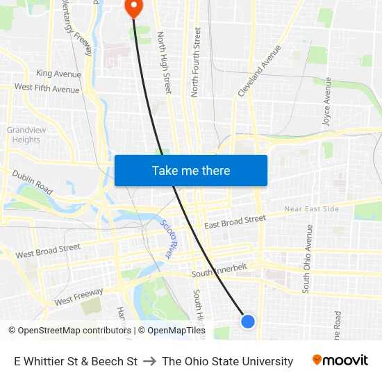 E Whittier St & Beech St to The Ohio State University map