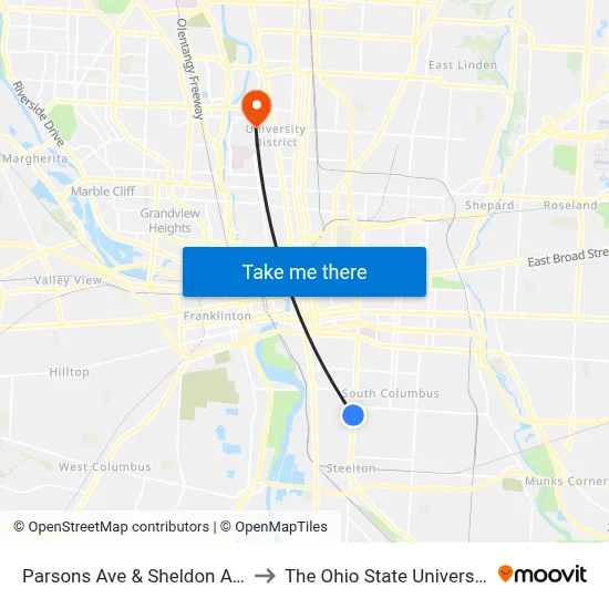 Parsons Ave & Sheldon Ave to The Ohio State University map