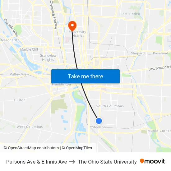 Parsons Ave & E Innis Ave to The Ohio State University map