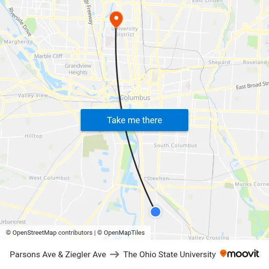 Parsons Ave & Ziegler Ave to The Ohio State University map
