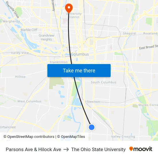 Parsons Ave & Hilock Ave to The Ohio State University map