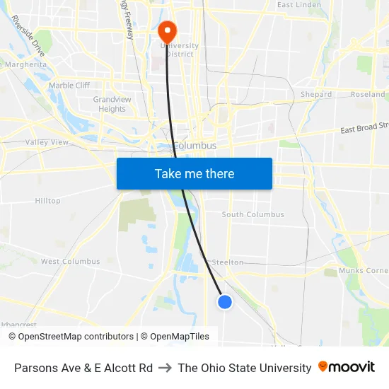 Parsons Ave & E Alcott Rd to The Ohio State University map
