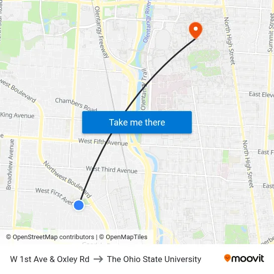 W 1st Ave & Oxley Rd to The Ohio State University map