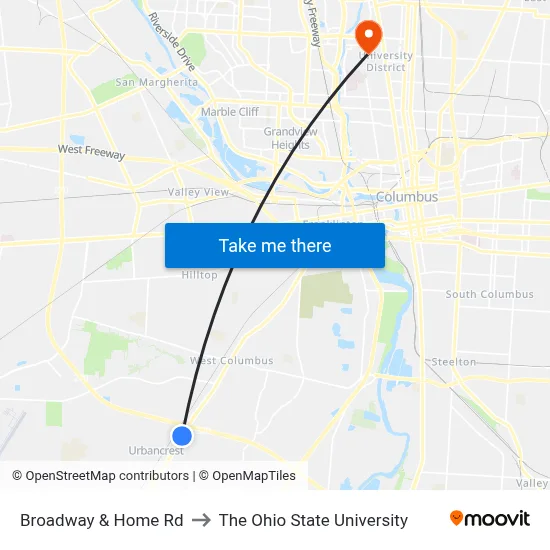 Broadway & Home Rd to The Ohio State University map