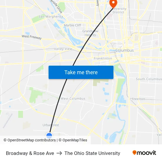 Broadway & Rose Ave to The Ohio State University map