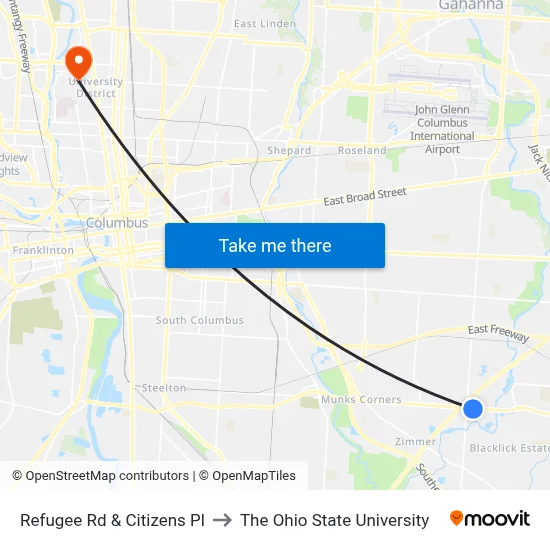 Refugee Rd & Citizens Pl to The Ohio State University map