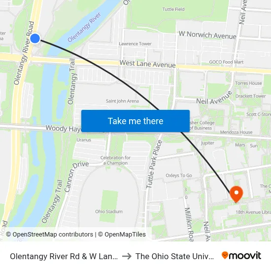Olentangy River Rd & W Lane Ave to The Ohio State University map