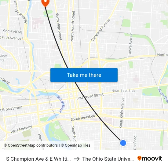 S Champion Ave & E Whittier St to The Ohio State University map