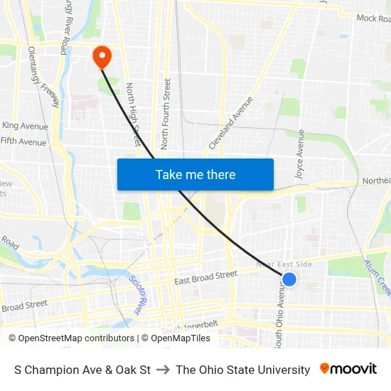 S Champion Ave & Oak St to The Ohio State University map