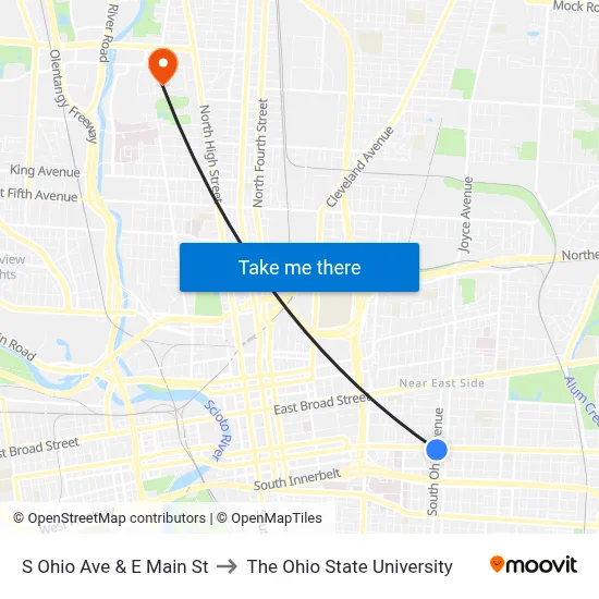 S Ohio Ave & E Main St to The Ohio State University map