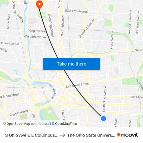 S Ohio Ave & E Columbus St to The Ohio State University map