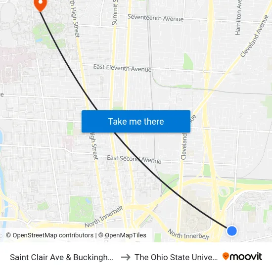 Saint Clair Ave & Buckingham St to The Ohio State University map
