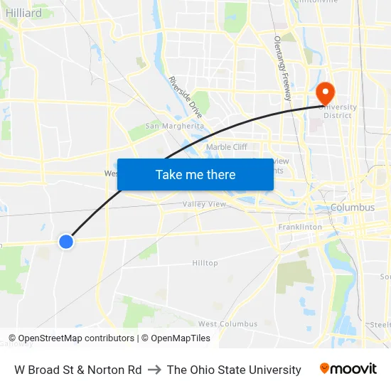 W Broad St & Norton Rd to The Ohio State University map