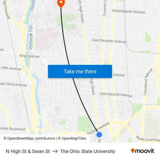 N High St & Swan St to The Ohio State University map